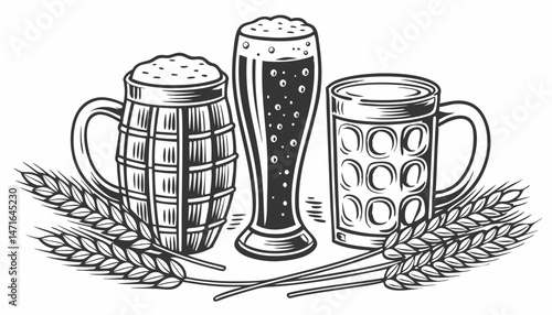 beer glasses and mugs with frothy tops, perfect for brewery, Oktoberfest, or pub themes set collection bundle sketch engraving generative ai vector illustration.                   