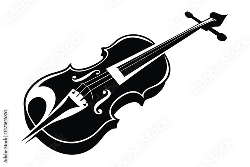 A solid black stylized violin showcases intricate details and graceful curves