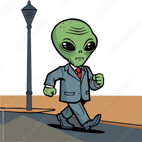 Cartoon illustration of an alien in a business suit walking on a city sidewalk
