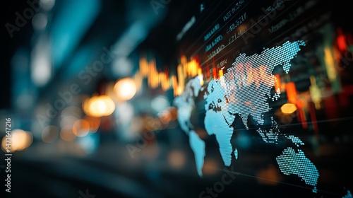 Double exposure of a global world map overlay on a financial stock market trading screen with charts and data visualization