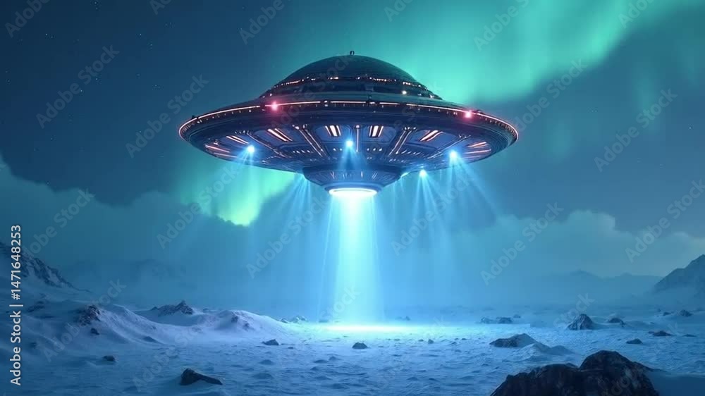 Extraterrestrial Encounter: Unidentified Flying Object over Frozen Terrain at Night Extraterrestrial Encounter: Unidentified Flying Object over Frozen Terrain at Night