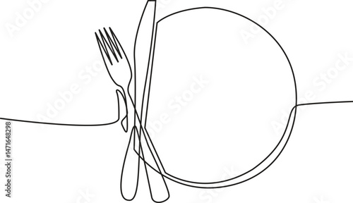 Continuous one line drawing of fork, plate, knife and spoon. Single line drawing illustration Cutlery set. Hotel and Restaurant concept vector Illustration.
