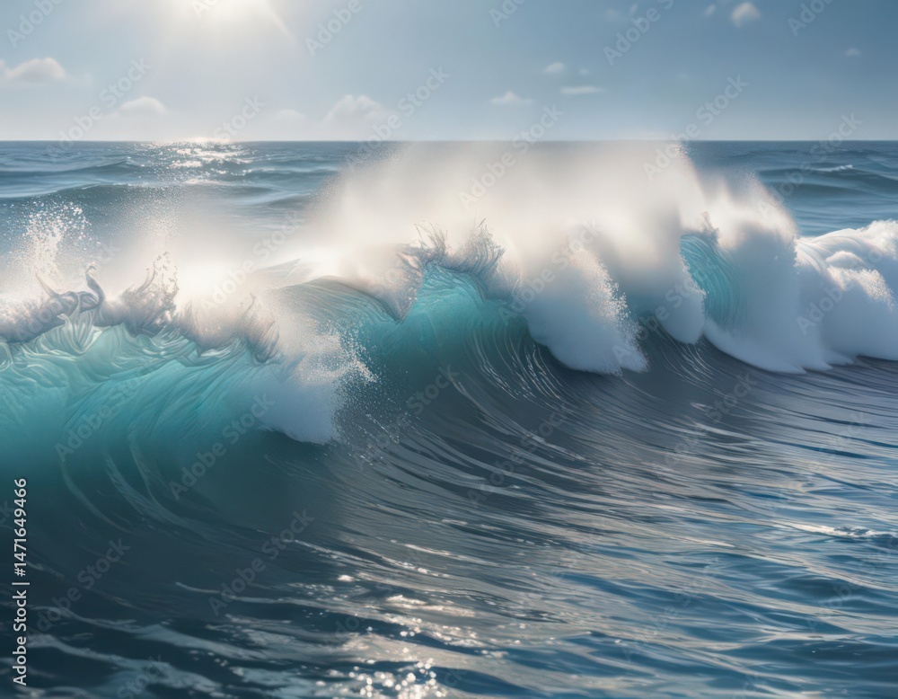Fototapeta premium Abstract blue ocean waves, sunlight, white foam crests, design, white