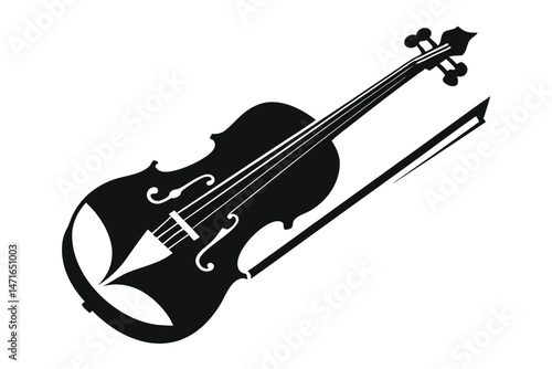 Black violin stands ready with its bow; a classical instrument shows elegance