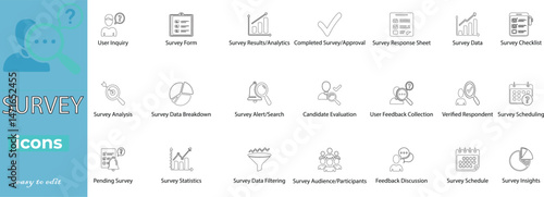 Minimal line style survey icons for feedback, polls, analytics, reports, and research. Ideal for web and presentations.