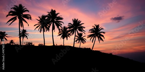 Silhouette of coconut trees on a hill against a twilight sky, unique color palette, summer vibes illustration, shadows