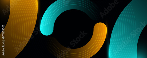 Dark abstract background with orange and blue light effect. Glowing diagonal rounded lines. Modern gradient geometric shape design element. Futuristic concept.