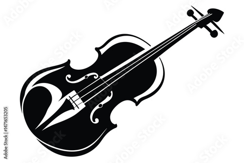 Black and white violin features detailed stringed musical instrument design for classical music