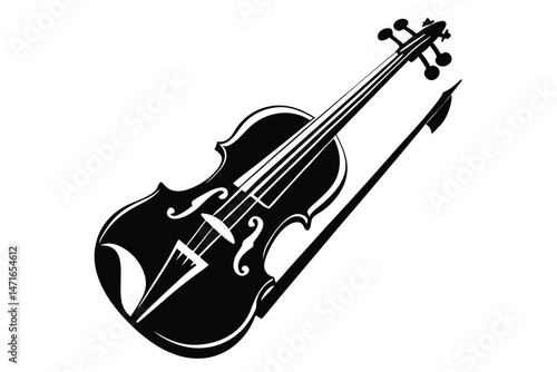 Black and white violin features a bow resting against the instrument, an elegant vector