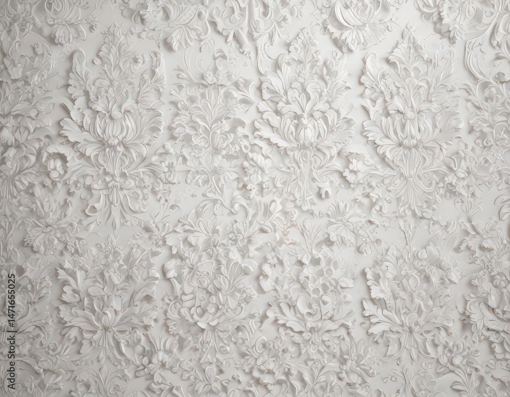 Intricate white damask floral wallpaper, elegant design , texture, leaves Intricate white damask floral wallpaper, elegant design , texture, leaves