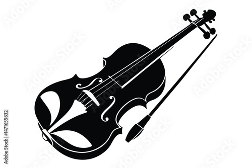 Elegant silhouette shows a black violin and bow against a white background