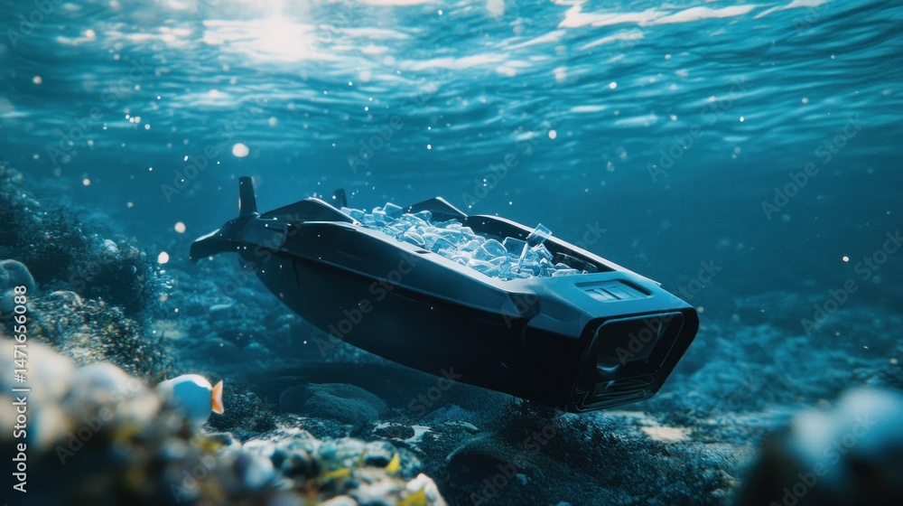Fototapeta premium Underwater drone navigating coral reef