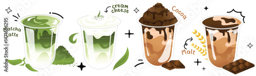 chocolate beverage in plastic cups. Perfect for cafe menu, drink labels, or advertising delicious refreshment combinations.