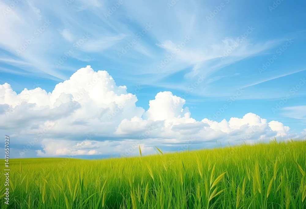 Obraz premium Soft watercolor wash of blue, grey, and white clouds above vibrant green grass, nature, foliage