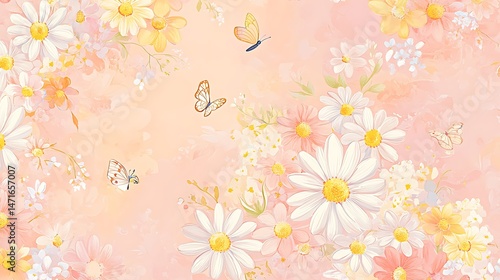 Fototapeta Naklejka Na Ścianę i Meble -  Pastel Daisies with Butterflies, and Floral Pattern.