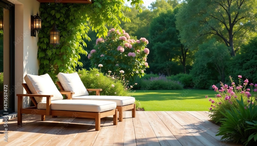 Obraz premium Relaxing patio furniture set on a sunny deck overlooking a lush garden , home decor, furniture set, wicker furniture