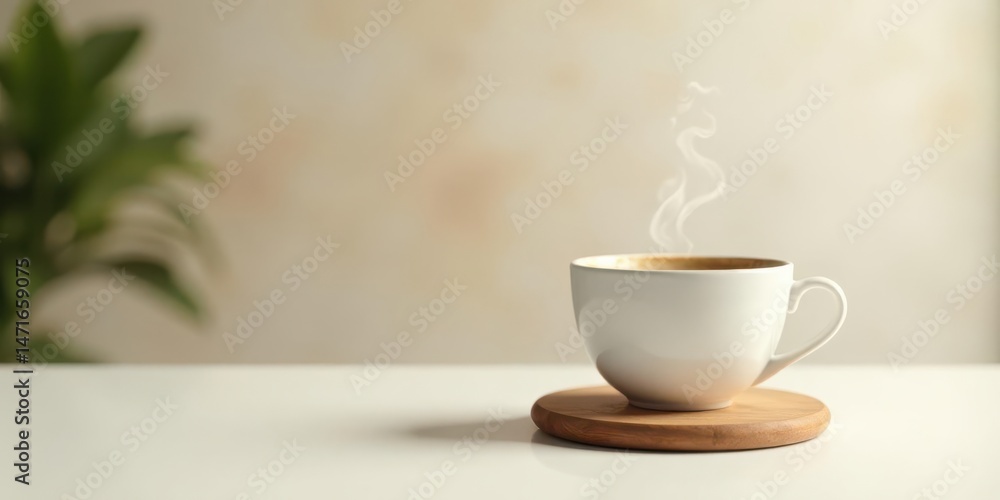 Fototapeta premium Aromatic Steam Rising from a White Mug of Coffee on a Wooden Coaster, Beside a Blurred Green Plant on a Table