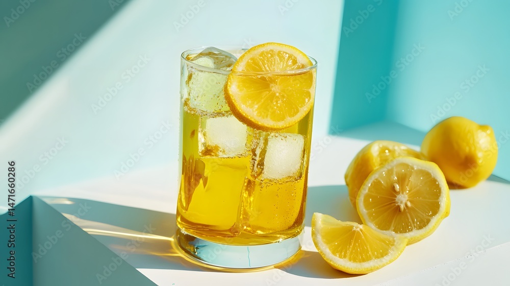 Side angle of a glass of lemon iced tea. Side angle of a glass of lemon iced tea.