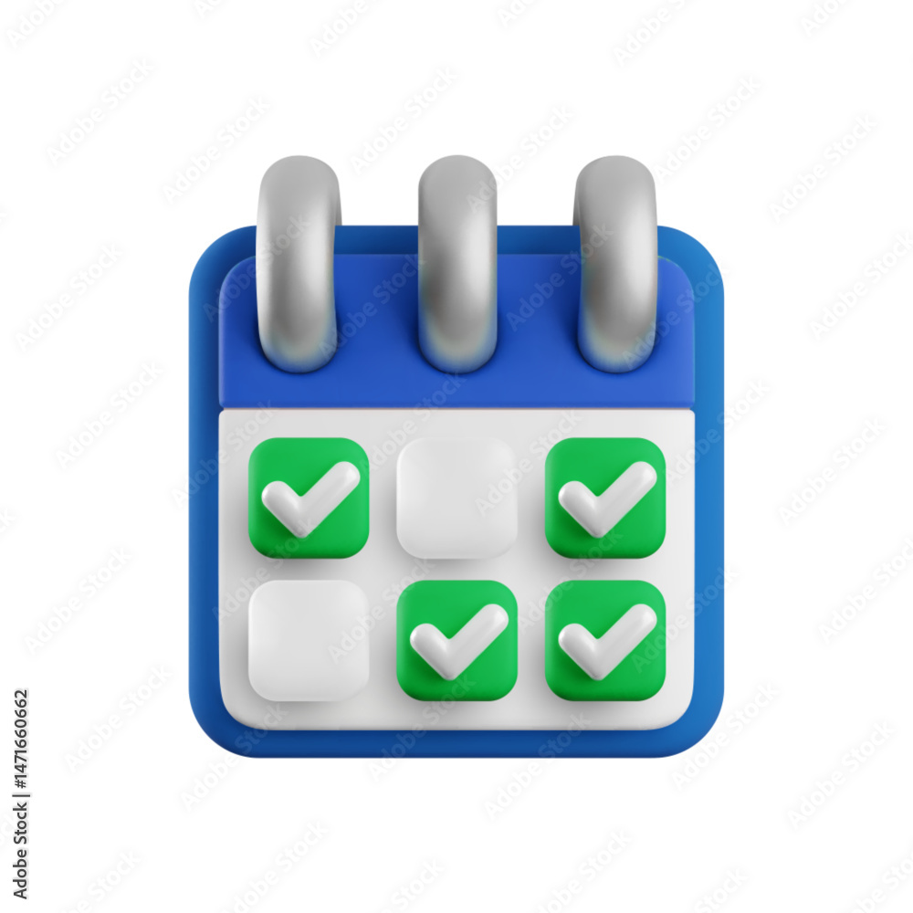 Vector cartoon 3d calendar planner icon. Realistic render of schedule with green done checkmarks tick. Time management planner, work and events planning, to do list, week task concept for app, web. Vector cartoon 3d calendar planner icon. Realistic render of schedule with green done checkmarks tick. Time management planner, work and events planning, to do list, week task concept for app, web.