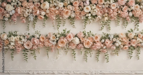 Pastel vintage floral artificial flower wall backdrop with lace details , delicate, wall