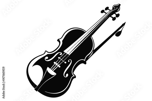 Black silhouette displays a violin and bow featuring strings and detailed curves musically