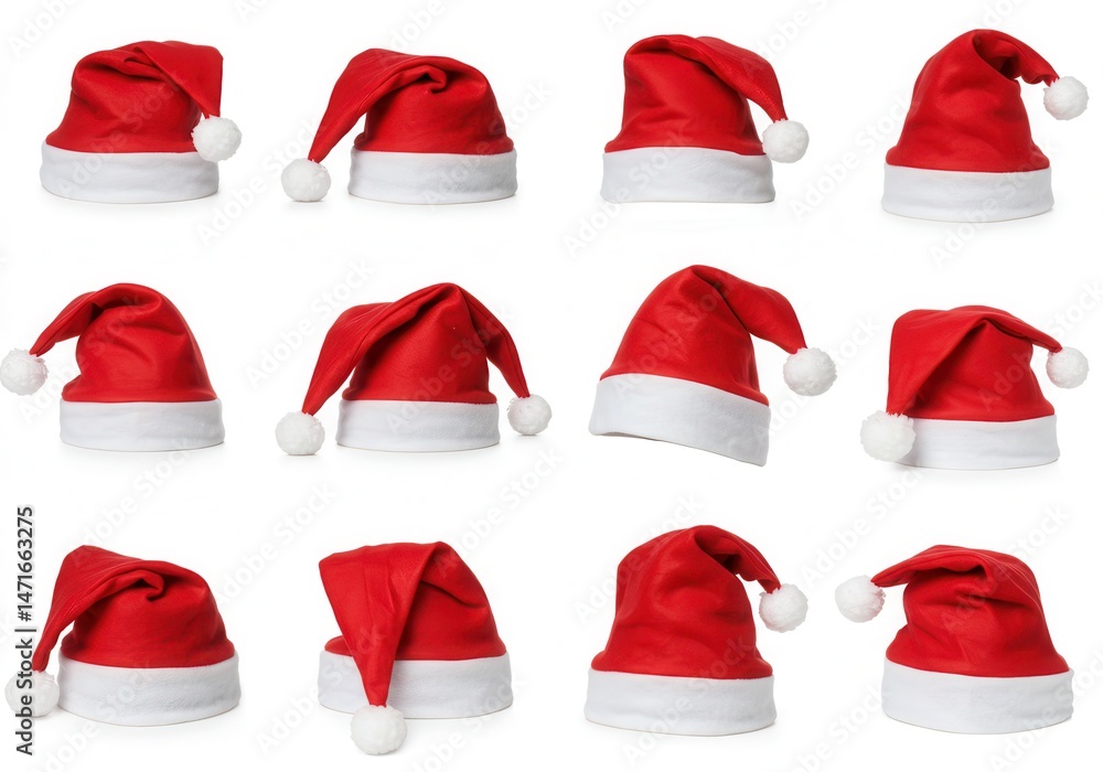 Arrangement of twelve red santa hats with white trim and pom-poms on a white background for the holiday season Arrangement of twelve red santa hats with white trim and pom-poms on a white background for the holiday season