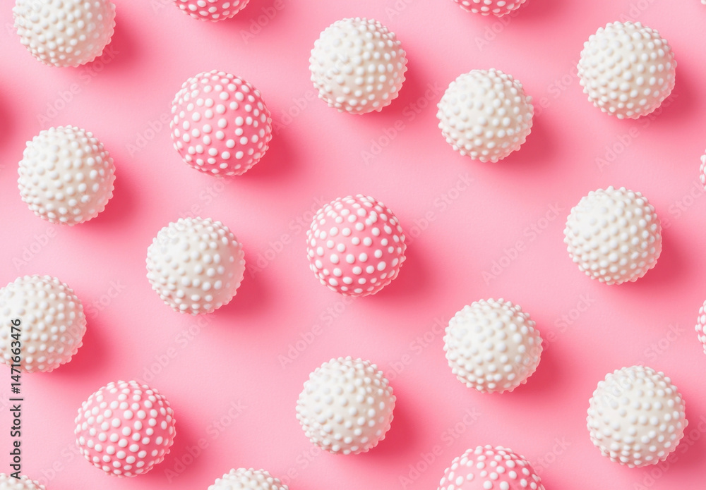 Pink and white polka dot cake pops arranged in a repeating pattern on a pink background. A sweet and visually appealing image perfect for food blogs, bakeries, or confectionery brands : Generative AI Pink and white polka dot cake pops arranged in a repeating pattern on a pink background. A sweet and visually appealing image perfect for food blogs, bakeries, or confectionery brands : Generative AI