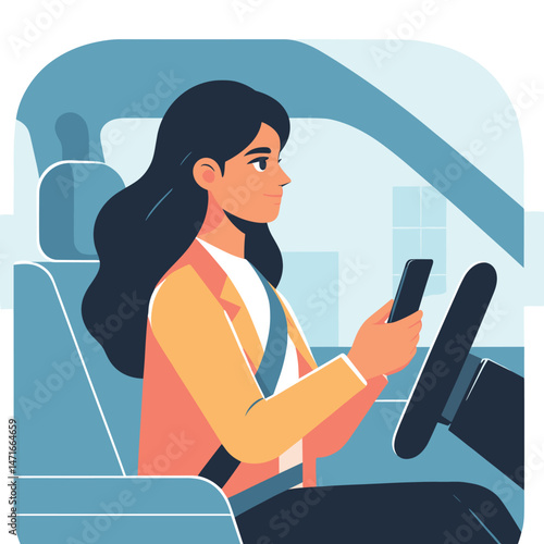 Woman Driving While Using Smartphone Illustration – Modern Flat Art Depiction of Technology Use in Daily Life