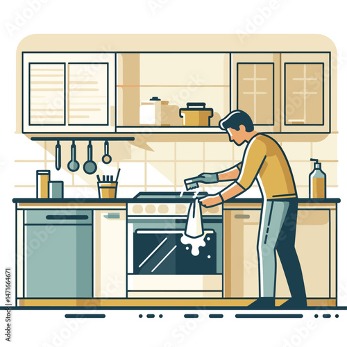 Man Cooking in Modern Kitchen - Flat Illustration of Culinary Scene