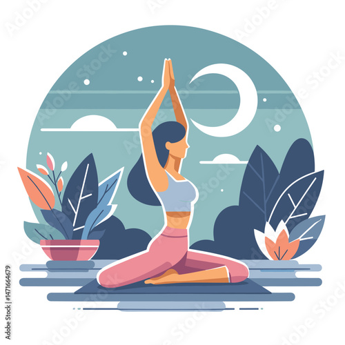 Serene Yoga Under Moonlit Sky - Peaceful Flat Illustration