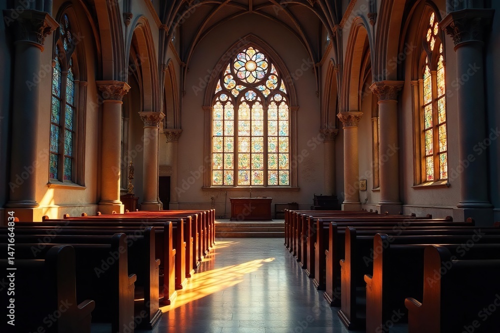 Fototapeta premium Serene church interior, stained glass illuminating quiet prayer space , peaceful, contemplation, serene