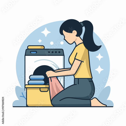 Woman Doing Laundry at Home - Flat Illustration