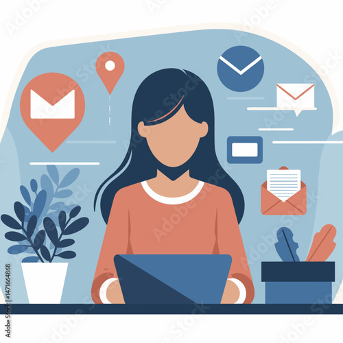 Work, From, Home, Concept, Flat, Illustration, Woman, Laptop, Remote, Communication, Digital, Workspace