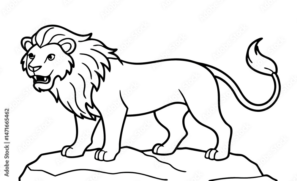 Obraz premium Coloring book. Fierce lion stands on a rocky cliff, wind blowing through his mane, roaring loudly.