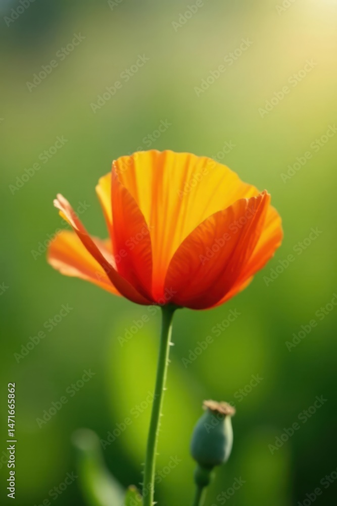 Fototapeta premium A Single Orange Poppy Flower in Soft Sunlight, a Delicate Bloom Against a Blurred Green Background
