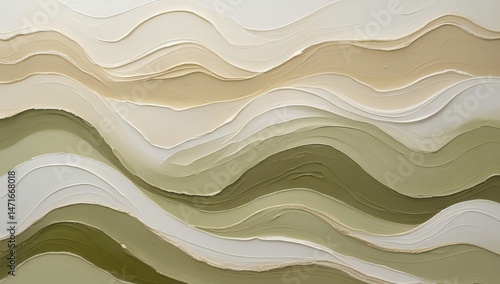 An ethereal abstract image featuring smooth, flowing waves in soft cream and green hues. The layered textures create a serene and calming atmosphere, perfect for modern decor