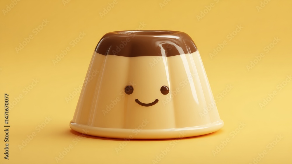 Fototapeta premium Cute Dessert Pudding with Smiling Face on Yellow Background
