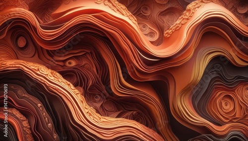 A stunning abstract piece showcasing flowing waves in rich shades of orange and brown. The layered textures create depth, evoking warmth and energy, perfect for modern interior design