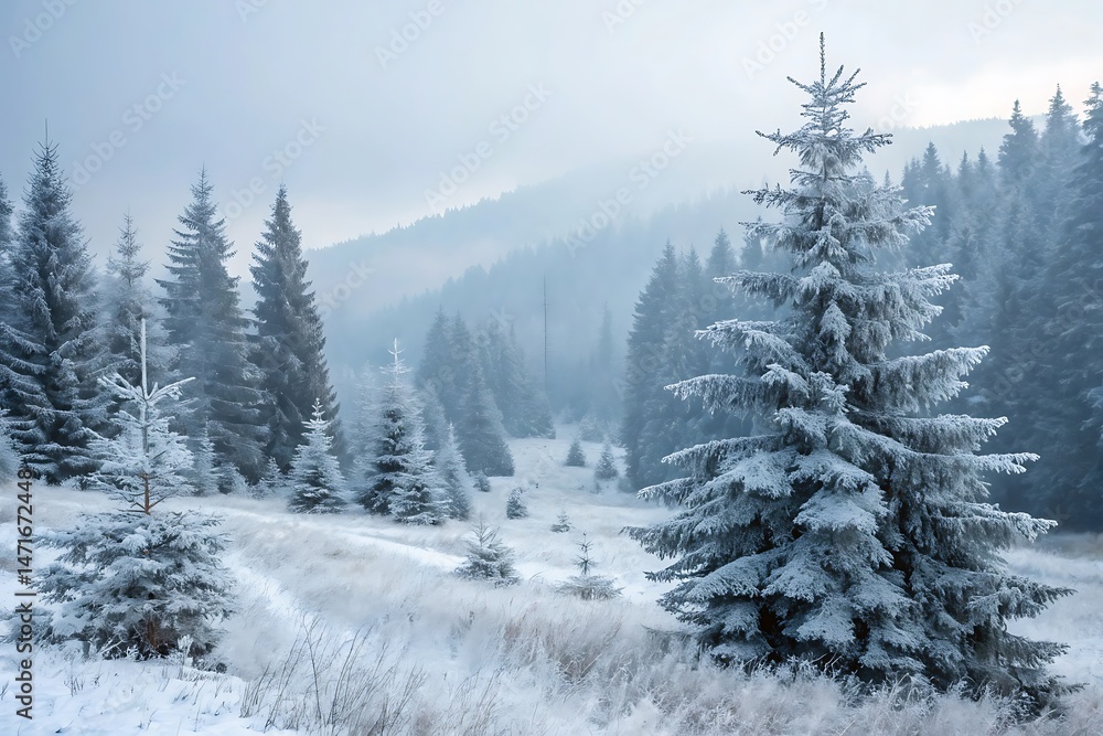 Obraz premium Snowy fir and pine trees stand frosted in the cold winter mountain forest landscape under a blue sky in the morning