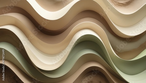 An ethereal abstract image featuring smooth, flowing waves in soft cream and green hues. The layered textures create a serene and calming atmosphere, perfect for modern decor