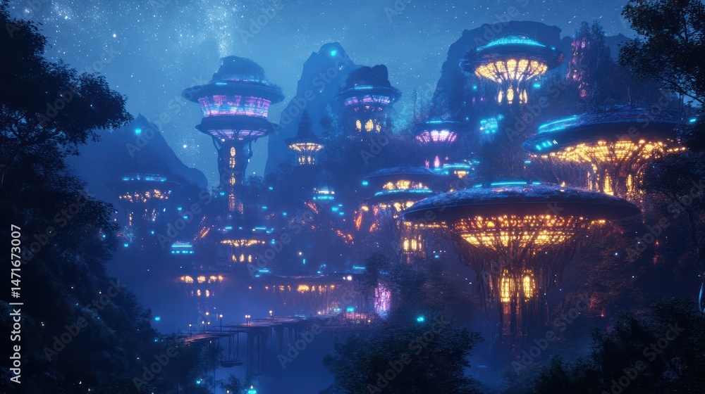 Nighttime cityscape of glowing structures on mountains. Nighttime cityscape of glowing structures on mountains.