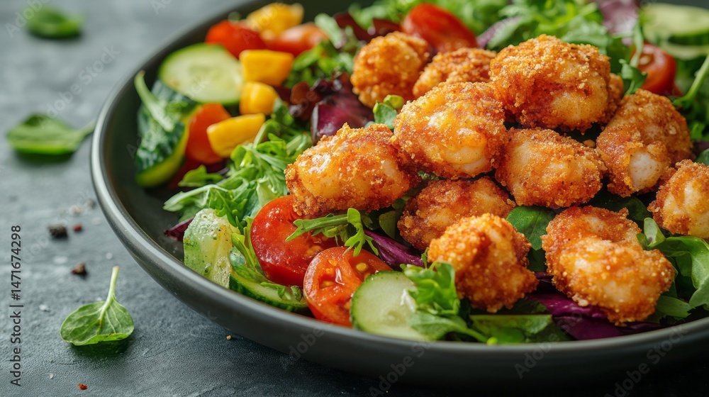 Crispy shrimp salad with colorful vegetables on a plate. Crispy shrimp salad with colorful vegetables on a plate.