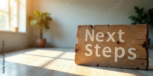 Rustic Wooden Sign Displaying the Phrase Next Steps in a Sunlit Room with Indoor Plants