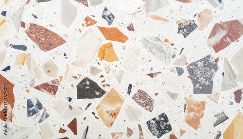 Colorful terrazzo flooring features a playful mix of orange, gray, and white chips, creating a textured surface ideal for interior design and architecture.