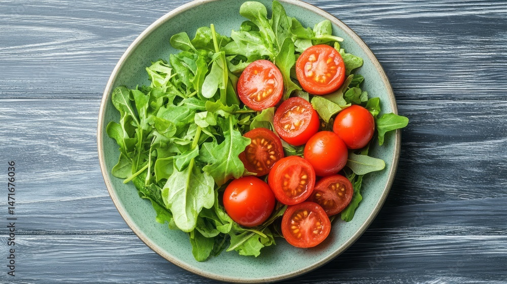 Fresh salad with arugula and cherry tomatoes on a plate. Fresh salad with arugula and cherry tomatoes on a plate.