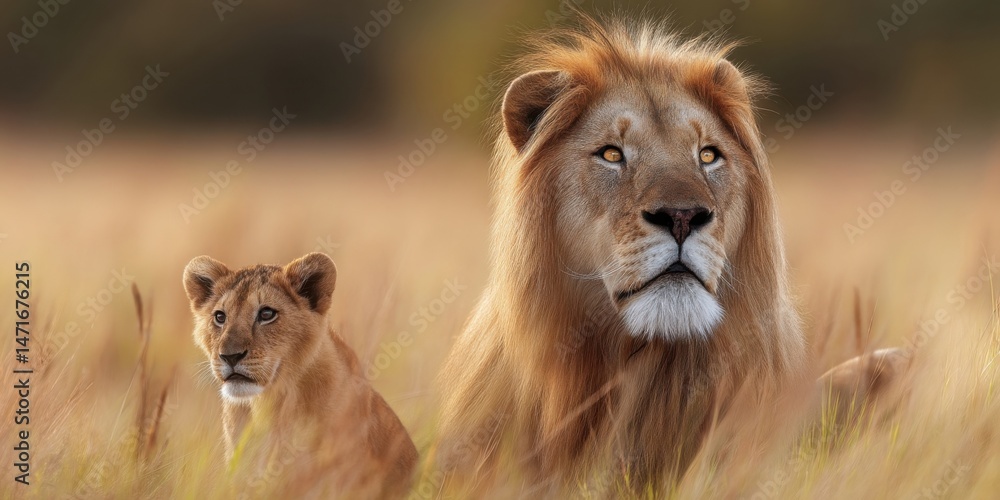 Majestic African lion and cub, serene in golden savanna grass at sunrise, showcasing powerful male and vulnerable young. : Generative AI Majestic African lion and cub, serene in golden savanna grass at sunrise, showcasing powerful male and vulnerable young. : Generative AI