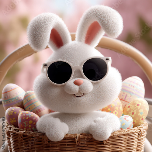 Cute Easter Bunny with sunglasses looking out of a car filed with easter eggs
