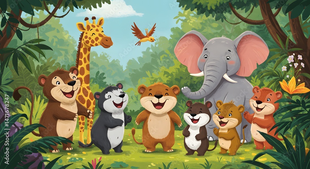 Fototapeta premium Group of adorable jungle animals in lush forest environment colorful cartoon illustration