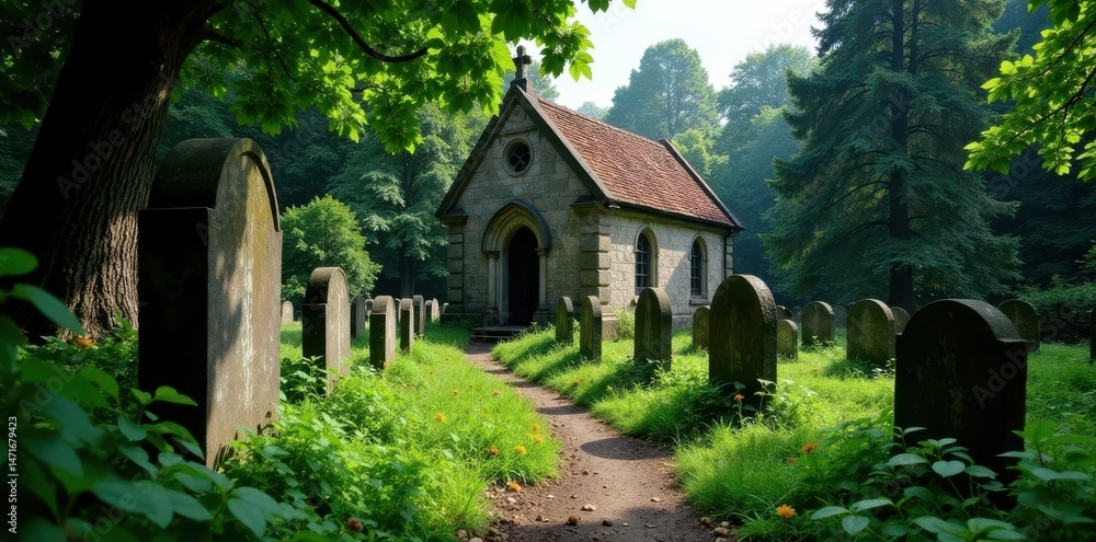 Obraz premium Ancient chapel, weathered tombstones, overgrown cemetery , picture, shadow