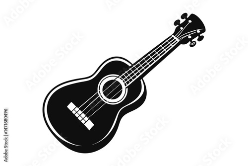 Detailed black and white artistic ukulele stands alone on a white background